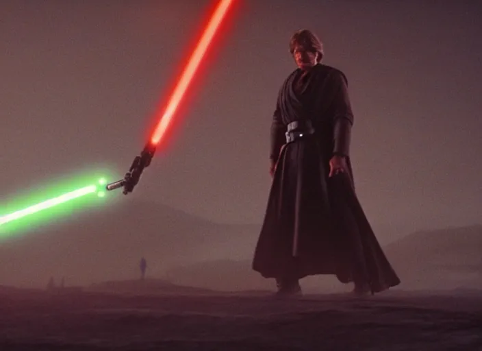 Prompt: epic still of luke skywalker using lightsaber in foggy environment, approaching an ancient temple in the distance, female sith lord in the distance, iconic scene from the 1980s film directed by Stanley Kubrick, cinematic lighting, kodak film stock, strange, hyper real, stunning moody cinematography, with anamorphic lenses, crisp, detailed portrait, 4k image