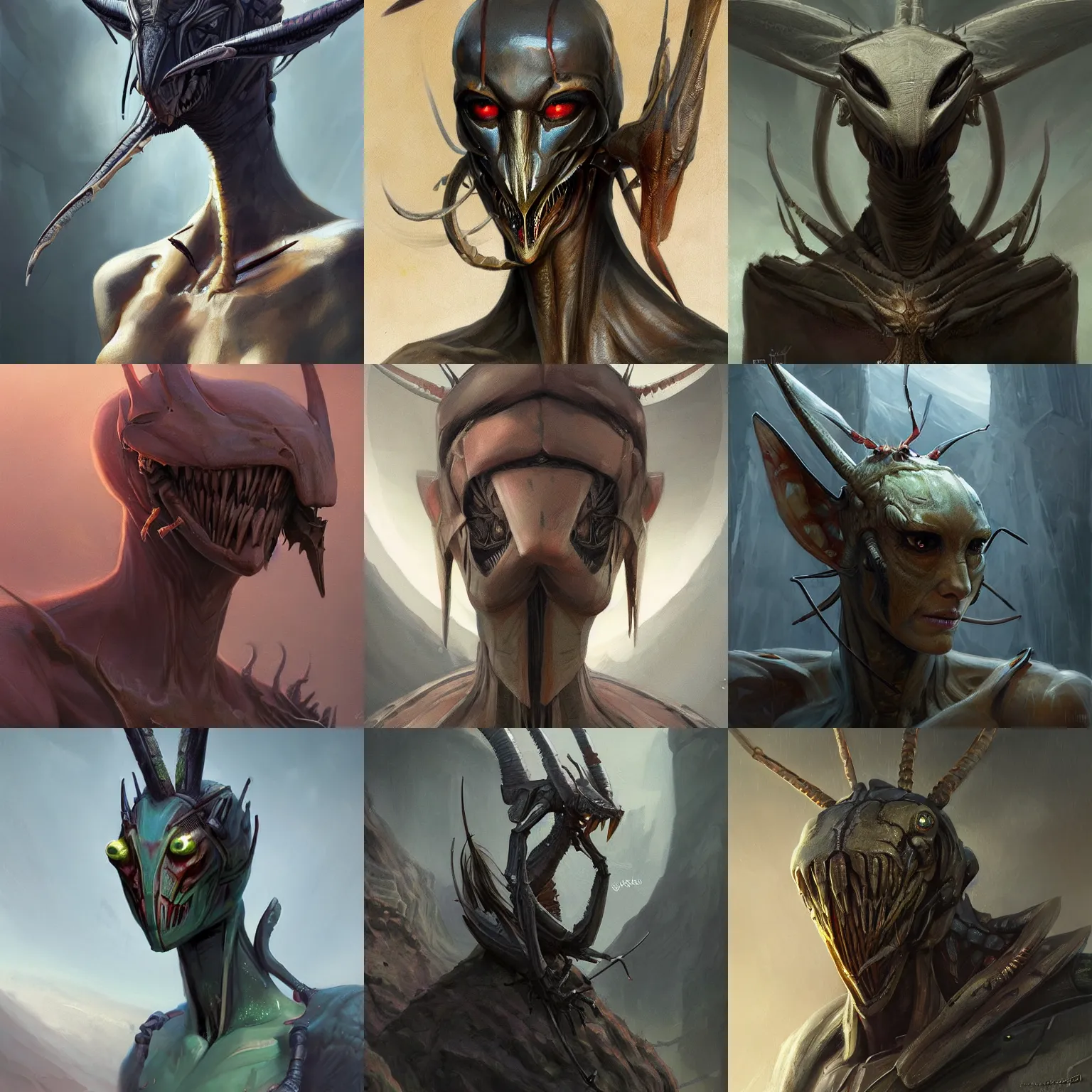 Prompt: a concept art of a mantis assassin, hestiasula head, human - shaped, mantid features, praying posture, by greg rutkowski, sung choi, mitchell mohrhauser, giger, johnson ting, maxim verehin, peter konig, fantasy art, artstation hd