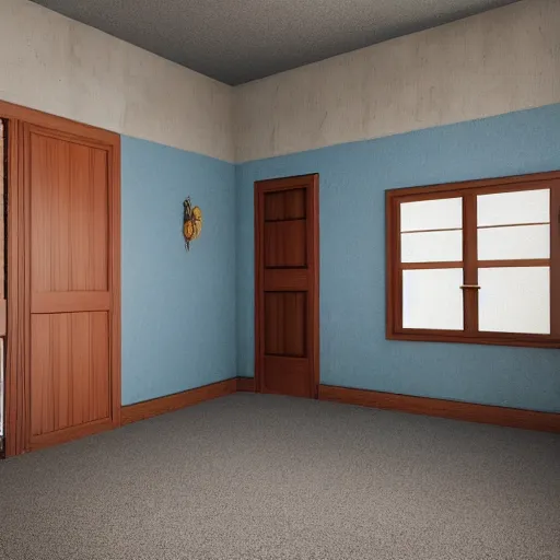 Prompt: nostalgic empty house with stairs in the middle and doors on either side, one door is closed and the door on the right is open to a blue bathroom, tan carpet