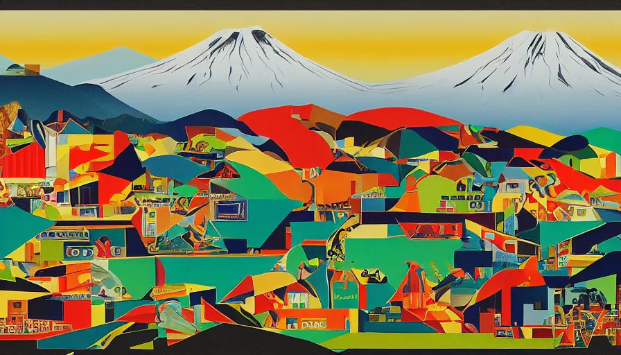 Prompt: award winning graphic design poster, cutouts constructing an contemporary art depicting a lone mount fuji and hills, rural splendor, and bullet train, isolated on white, and bountiful crafts, local foods, edgy and eccentric abstract cubist realism, composition confined and isolated on white, mixed media painting by Leslie David and Lisa Frank for juxtapose magazine