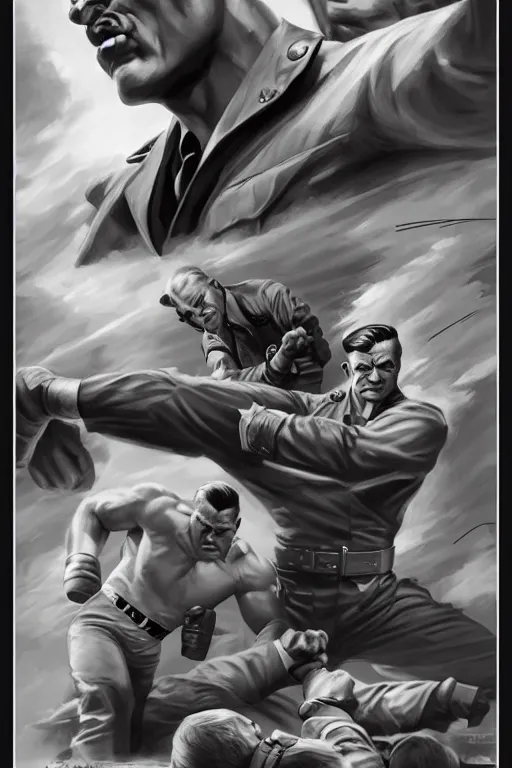 Image similar to vintage photograph of doc savage punching hitler clear detail, photorealistic, drawn by eric anthony johnson ericanthonyj artstation artgerm greg rutkowski and magali villeneuve 8 k subsurface scattering, hd, 8 k resolution, award winning photo, epic digital art