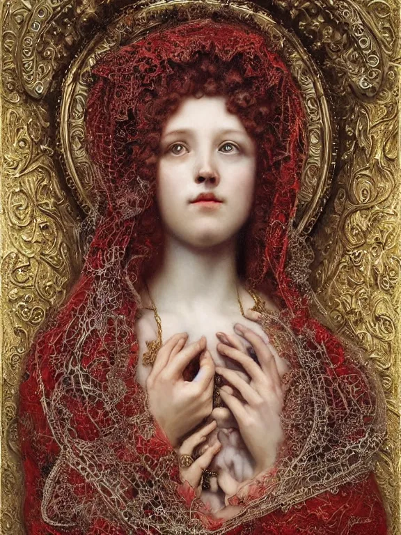 Image similar to a beautiful render of a baroque catholic veiled red queen with symmetry intricate detailed heart sculpture,pieta.by Lawrence Alma-Tadema, peter gric,aaron horkey,Billelis,trending on pinterest,hyperreal,jewelry,gold,intricate,maximalist,glittering,golden ratio,cinematic lighting