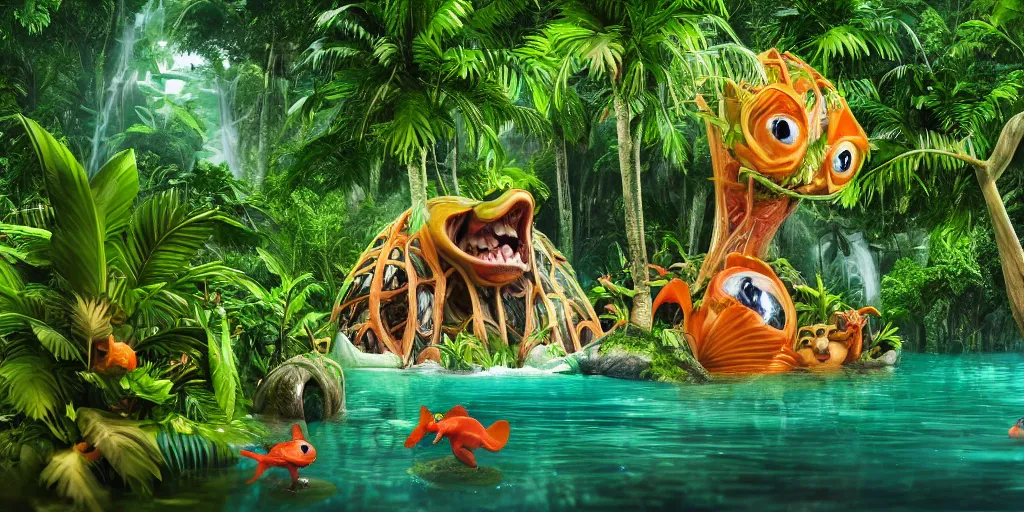 Image similar to of a tropical rainforest lake with strange cute friendly happy creatures with huge eyes, mouth, long tongue, round teeth and goofy face, appearing from the water, in the style of gehry and gaudi, macro lens, shallow depth of field, ultra detailed, digital painting, trending artstation, concept art, illustration, cinematic lighting, photorealism, epic, octane render