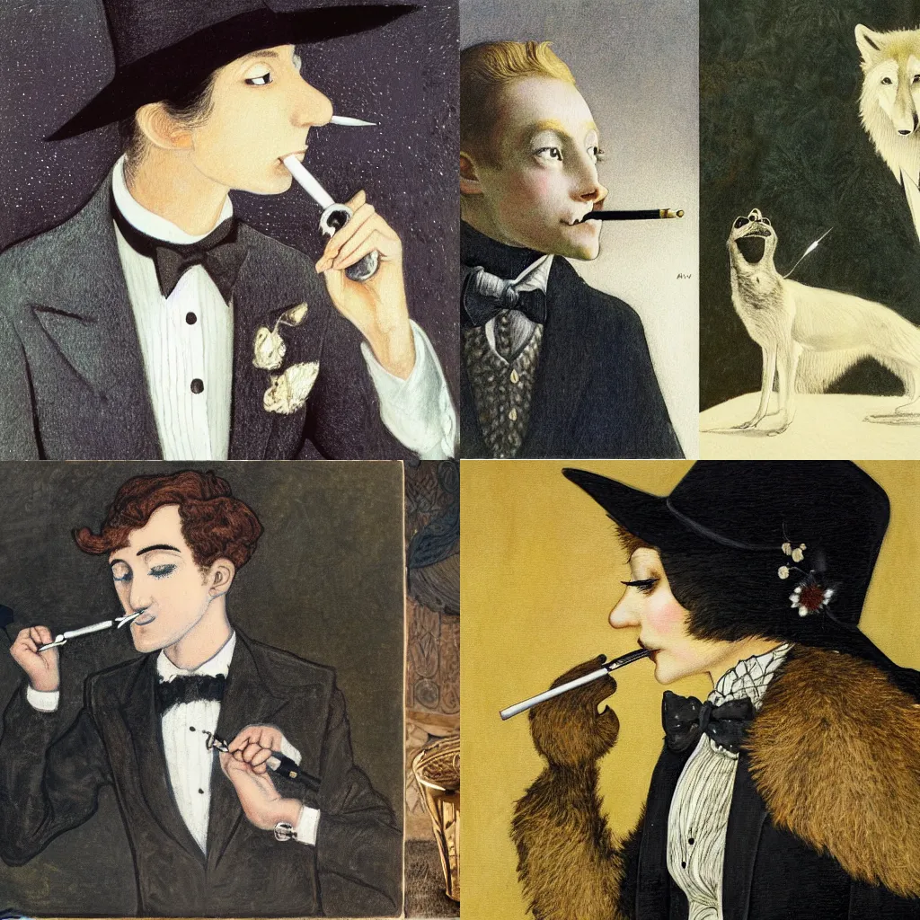 Prompt: portrait of a singular aristocratic wolf wearing a tuxedo and smoking an old pipe, painting by ida rentoul outhwaite, closeup, isolated on plain background