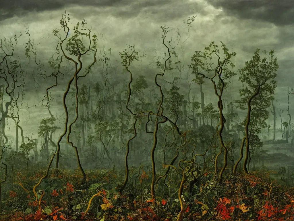 Image similar to Apocalypse with vegetation, leaves, creepers, ivy, ferns taking over the industrial metropolis, toxic, machinery, factory. Thunderstorm, autumn light. Painting by Caspar David Friedrich, Yves Tanguy