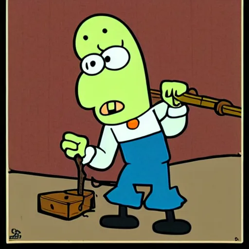 Prompt: squidward from spongebob squarepants with hair, holding a hammer, by stephen hillenburg