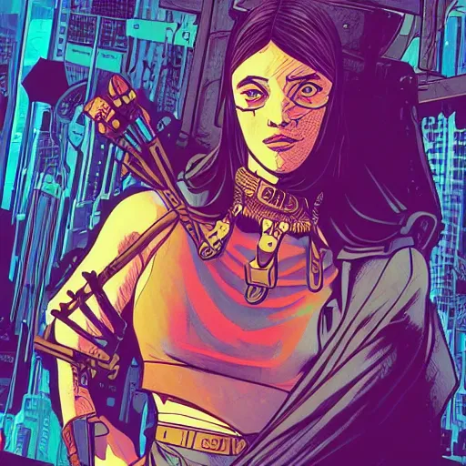 Prompt: incan cyberpunk with scenic background. portrait illustration, pop art, art by ashley wood, alphonse mucha, laurie greasley and josan gonzalez. cinematic. dynamic lighting. realistic proportions. creative design. cel shading, clean aesthetic