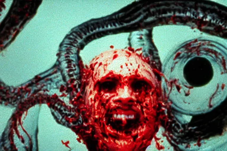 Image similar to filmic closeup slight motion blur movie still 35mm film color photograph of a doctor getting his face torn and mutilated by a dangerous spined bundle of alien worms coming from off camera, blood flying in the air, in the style of a 1982 horror film