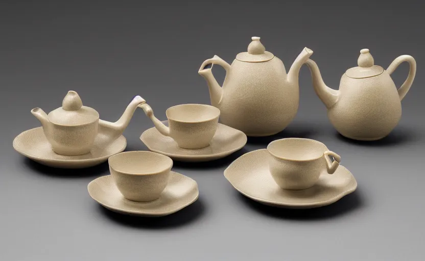 Prompt: Engalnd Porcelain tea set, chiaroscuro, soft contrast