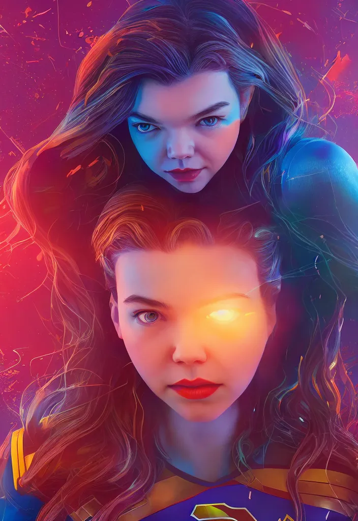 Prompt: cute gourgeous beautiful anya taylor joy as supergirl. intricate abstract. intricate artwork. by tooth wu, wlop, beeple, dan mumford. octane render, trending on artstation, greg rutkowski very coherent symmetrical artwork. cinematic, hyper realism, high detail, octane render, 8 k, iridescent accents