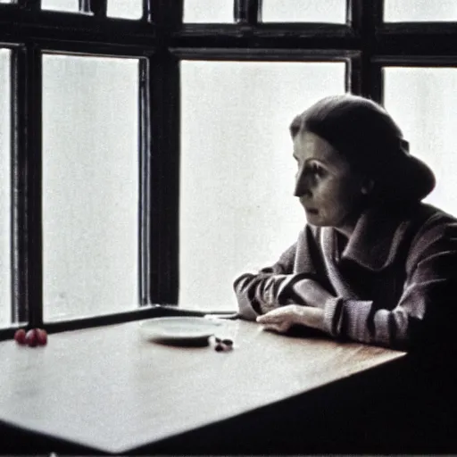 Image similar to film still of soviet movie still a soviet woman sitting at a table next to the window with food, dark warm light, a character portrait by margarita terekhova, movie stalker solaris film still by andrei tarkovsky, 8 k, close - up bokeh, gelios lens, color, noir