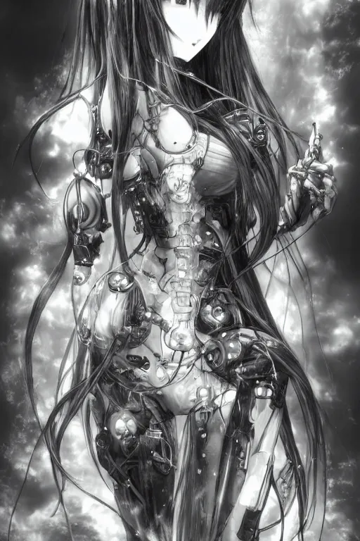 Image similar to a vertical portrait of a character in a scenic environment by Yoshitaka Amano, black and white, dreamy, cybernetic suit, wavy long black hair, highly detailed