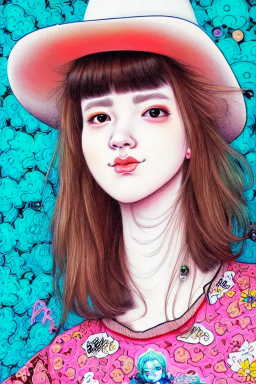 Image similar to girl wearing cowboy hat, style of yoshii chie and hikari shimoda and martine johanna, highly detailed