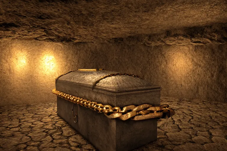 Prompt: middle of cave, light, bronze coffin, chain, medium gray, cinematic texture, high color contrast