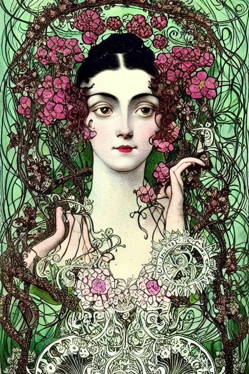 Image similar to centered detailed front view portrait of a victorian beautiful woman with ornate flowers growing around, inside a vine frame ornamentation, flowers, elegant, dark and gothic, full frame, art by kay nielsen and walter crane, illustration style, watercolor