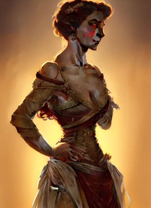 Image similar to portrait of a full body of beautiful female princess, d & d, baroque dress, flat lighting, intricate, highly detailed, digital painting, artstation, concept art, smooth, sharp focus, illustration, art by simon bisley and greg rutkowski and alphonse mucha, natural tpose