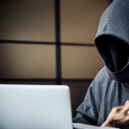 Prompt: realistic photo of hacker, dark background, hood, face doesn't visible, computer, extremely detailed, sharp focus, masterpiece,