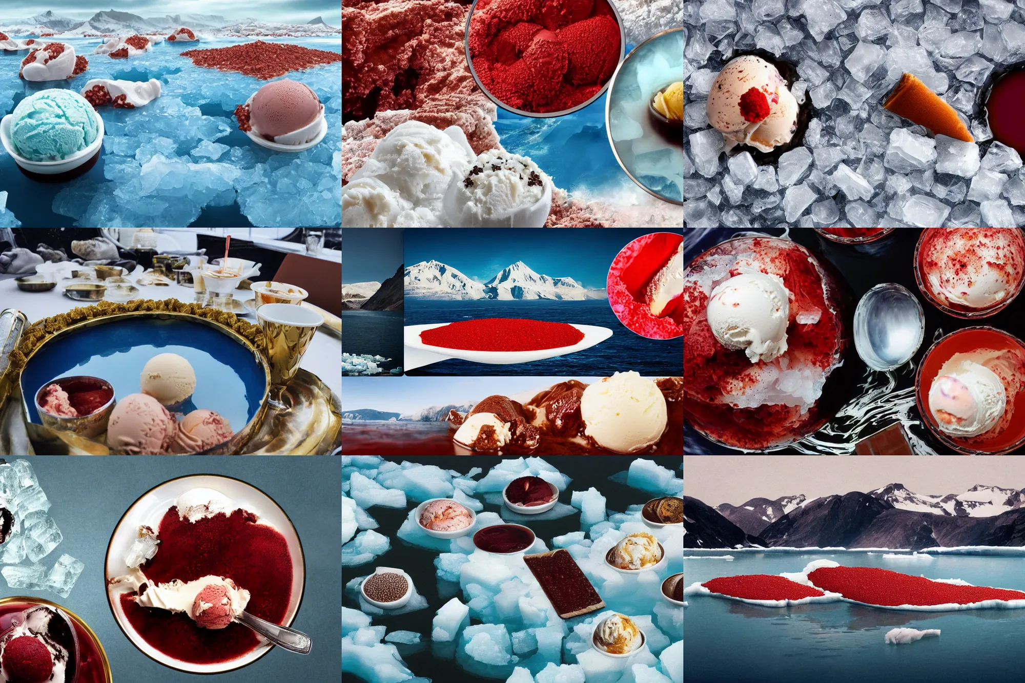 Prompt: a large island of red caviar and ice cream and brown water in the center, mountains of ice cream, dark tea instead of water, titanic sails near