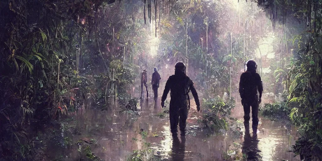 Prompt: an atmospheric painting of an astronaut walking through a flooded underground that is overgrown with jungle plants and vegetation, beautifully lit and highly detailed painting by Johnny Morant