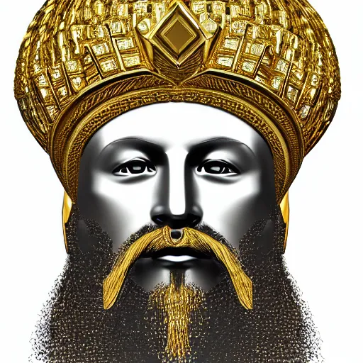 Prompt: photo realistic rendering of gold and diamond jesus head piece with diamonds in the hair and beard and kufi crown