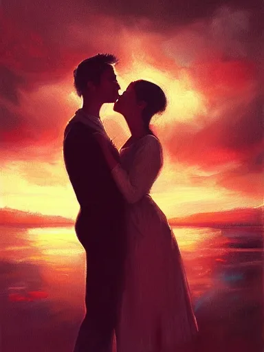 Image similar to masterpiece painting by jean hugo, of a solo individual portrait of a guy and a girl kissing, cinematic light, atmospheric effects, artstation