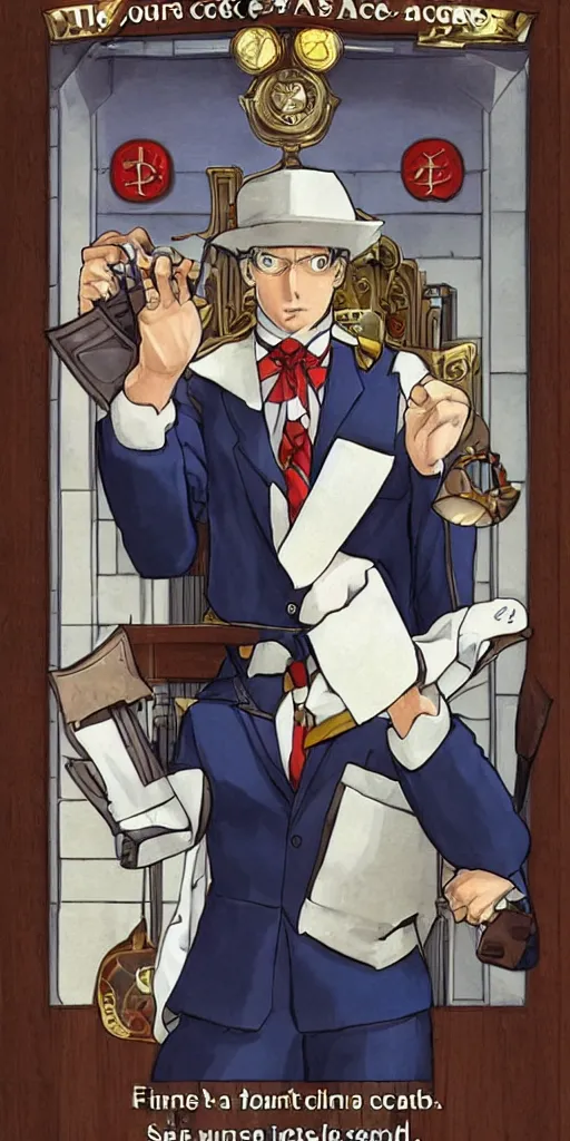 Prompt: the judge from Ace Attorney dressed as justice with a scale in one hand. Tarot card Justice