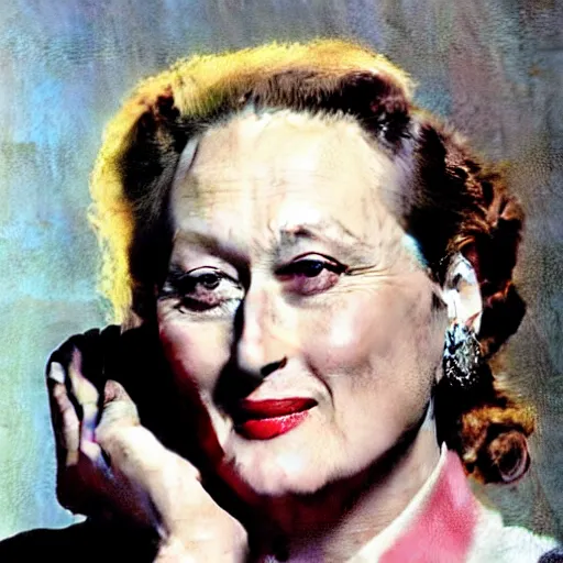 Image similar to “Meryl Streep portrait, color vintage magazine illustration 1950”