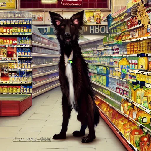 Image similar to wide angle beautiful full body portrait of a cute male anthropomorphic anthro border collie fursona wearing cowboy outfit in a grocery store, character design by charlie bowater, henry asencio, and ross tran, furry art, furaffinity, beautiful, glamor pose, detailed, aesthetic, trending on artstation