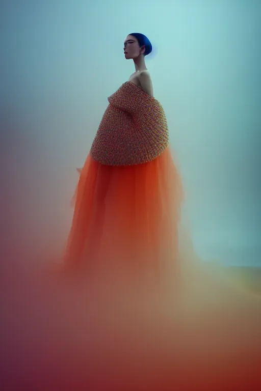 Prompt: a model wearing haute couture from chanel in an environment envisioned by killian eng and moebius, macro photography, long exposure photograph, surrealism, anamorphic bokeh, cozy, soft light, orange and teal, caustic, atmospheric fog, octane render, cinematic