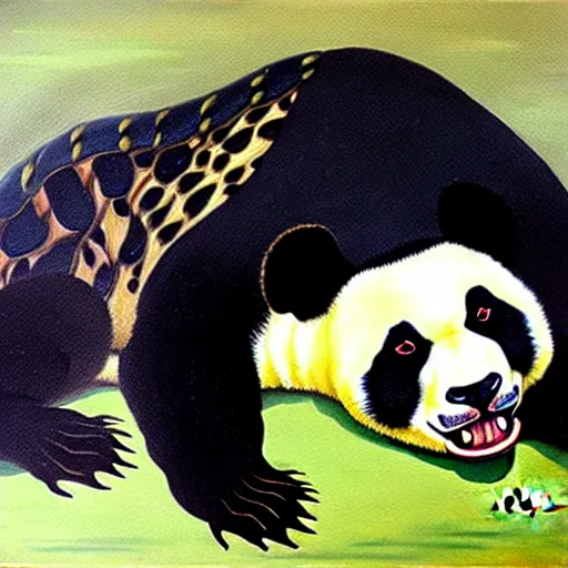 Image similar to oil painting of panda - crocodile hybrid with striking crocodile scales, and piercing eyes, by hayao miyazaki