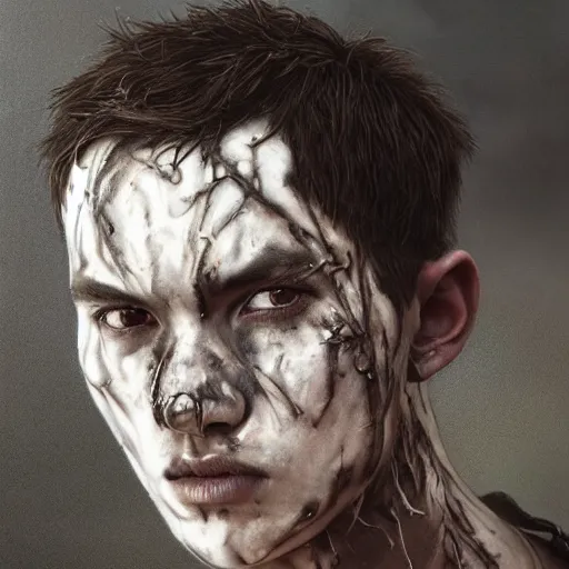 Image similar to portrait painting of young man with severe burn scars on his face and poorly cut short hair with a severe expression wearing tattered leather armor, ultra realistic, concept art, intricate details, eerie, highly detailed, photorealistic, octane render, 8 k, unreal engine. art by artgerm and greg rutkowski and charlie bowater and magali villeneuve and alphonse mucha