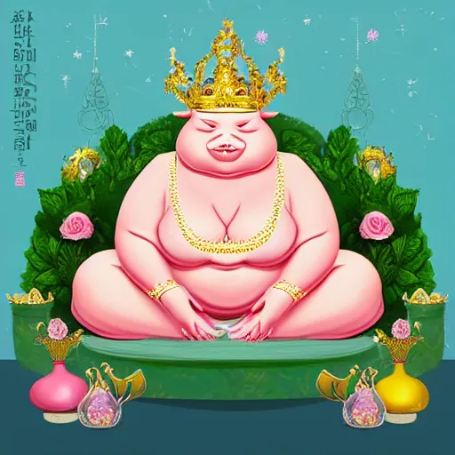 Prompt: Piggy deity, fat figure, Cute, adorable, elegant, chubby, pink, gold, warm, wearing a crown, bracelets and necklaces, pale blue carpet, potted plants, figure, realistic, hair detailing, background is heavenly,wonderland at night, The light in the deep forest full of mythical creatures of the picture, according to European art, Golden Sacred Tree, Golden Apple, Flower Garden,Hyper realistic render. Den noise. Volumetric Lighting. Dynamitc Lighting. Unreal Engine. octane. Hyper Cinematic lighting