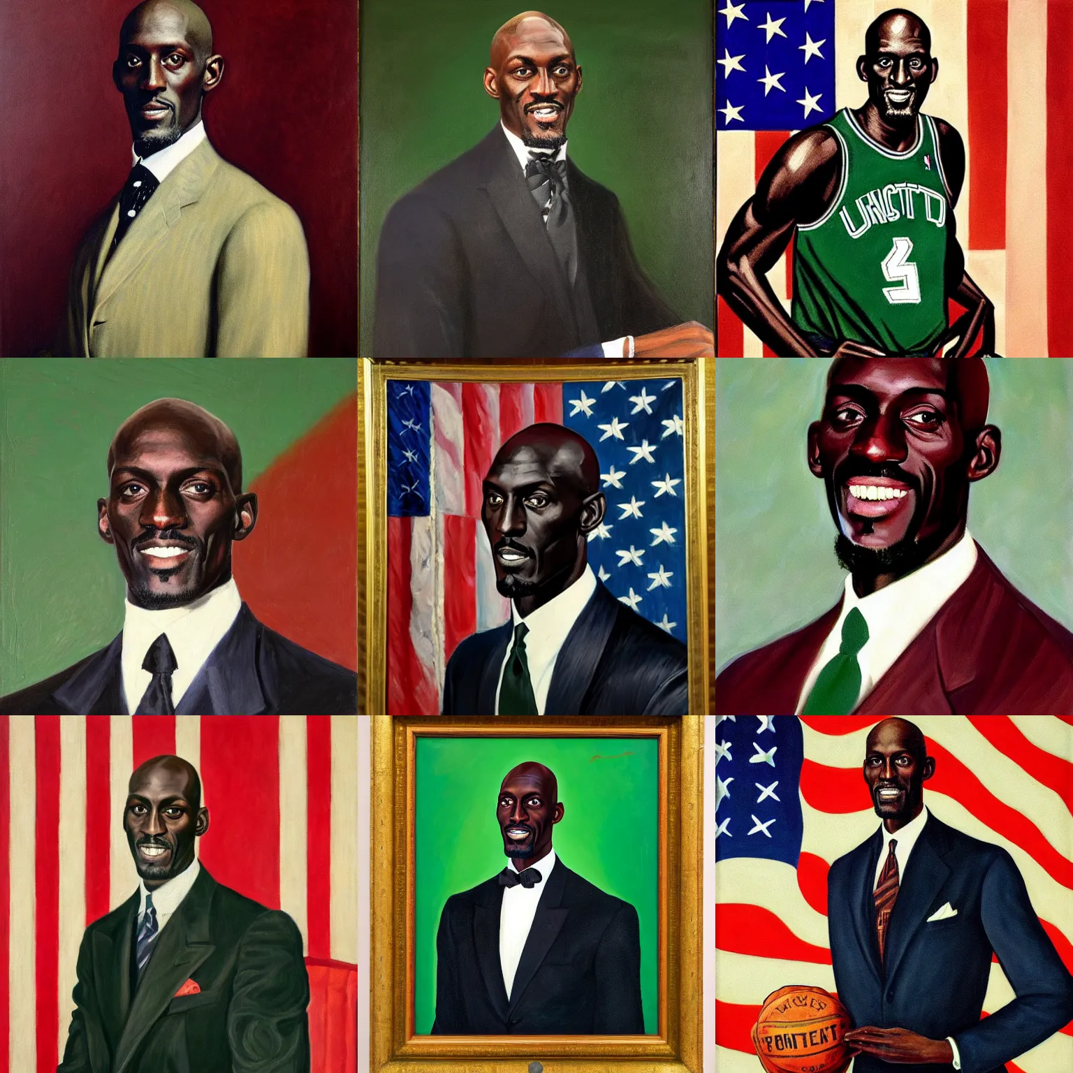 Prompt: Official Portrait of the Kevin Garnett as the President of the United States, 1924, Oil on Canvas
