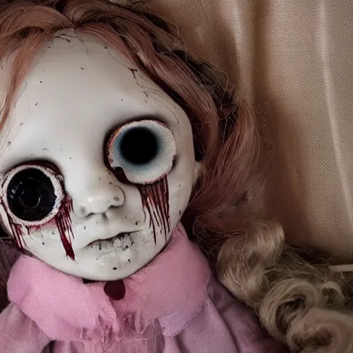 Image similar to macabre abandoned doll, blood stained, few broken hairs, one eye, terrifying