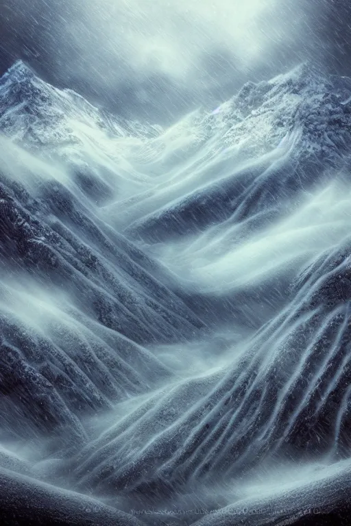 Image similar to digital matte fantasy dreamy mountain scape dark tones snow, photo realism, soft, storm, 8 k by alex grey