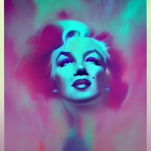 Image similar to long Shot of psychedelic Marilyn Monroe standing in misty chromatic astral temple , stylish, lsd, soft, trending on artstation, cinematic, artwork by WLOP