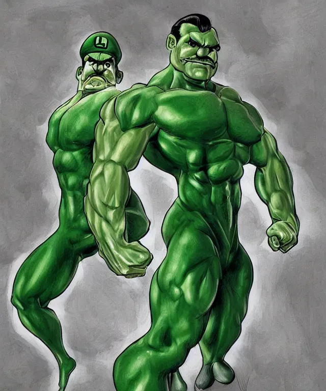 Image similar to muscular luigi wearing a green jumpsuit pumping iron in a dingy gym by ilya kuvshinov, bodybuilder ernest khalimov, super mario bros symmetrical face concept art, hyper realistic, intricate, elegent, highly detailed, digital painting, concept art, smooth, sharp, focus, illustration, art by artgerm and greg rutkowski and alphonse mucha, artstation