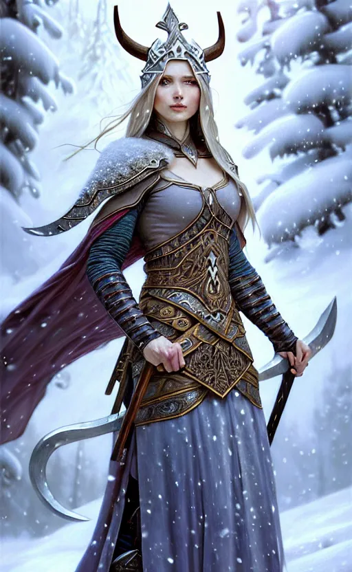 Image similar to opal viking warrior, regal, elegant, winter, snow, beautiful, stunning, hd, illustration, epic, d & d, fantasy, intricate, elegant, highly detailed, wide angle, digital painting, artstation, concept art, smooth, sharp focus, illustration, wallpaper, art by artgerm and greg rutkowski and alphonse mucha and jin xiaodi