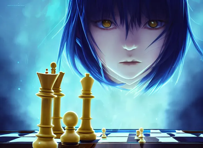 Image similar to rimuru playing chess, with gold eyes, sky blue straight hair, bangs, black jacket, high collar, concept art, award winning photography, digital painting, cinematic, by wlop, anime key visual, wlop, 8 k, by ross tran, tom bagshaw, ilya kuvshinov, andy warhol