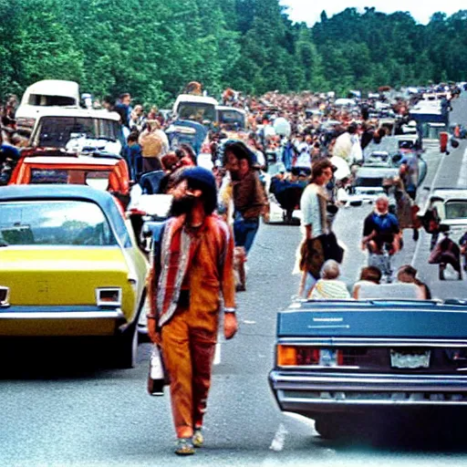 Prompt: people and cars heading to woodstock, 1 9 6 9, 8 k, 7 0's color