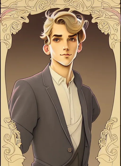 Image similar to art nouveau portrait of a young man with short, ash blond greyish hair, light brown eyes, natural lighting, path traced, highly detailed, high quality, cartoon, digital painting, by don bluth and ross tran and studio ghibli and alphonse mucha