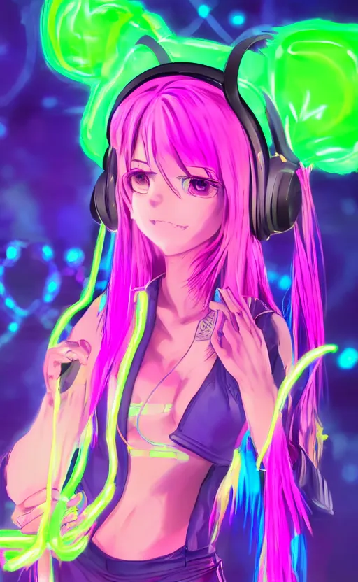 Image similar to anime girl with glowing neon hair wearing fit neon clothing and headphones while holding a laptop, WLOP, concept art, digital painting, trending on artstation, highly detailed, epic composition, 8k UHD