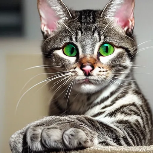 Image similar to cute greyish brown tabby cat mix with (((light green eyes))), white nose bridge, (((pink nose))), slightly weird, mixed with a margay