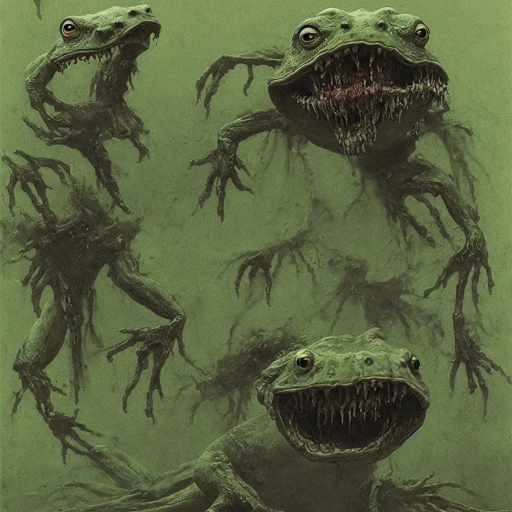 Prompt: horrifying bullfrog creature, fangs, necromorph, style of zdislaw beksinski