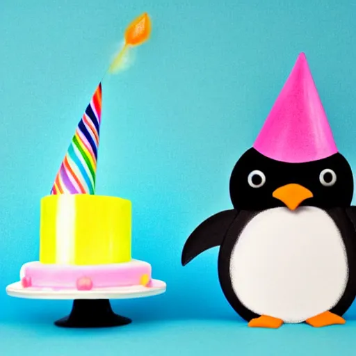 Prompt: a penguin with a birthday cake and a party hat, a pastel by may de montravel edwardes, pixabay contest winner, dau - al - set, contest winner, creative commons attribution, stockphoto
