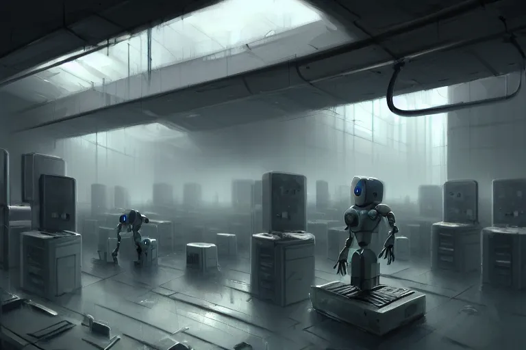 Image similar to gloomy ruined server room in datacenter painting concept art of half - body robot, sharp focus, smoke, artillery, pacing, computers, racks, motherboard, by pascal blanche rutkowski artstation detailed matte painting, 4 k resolution