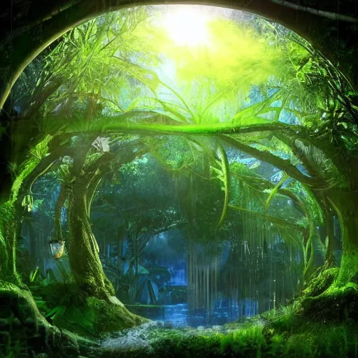 Image similar to active stargate water portal to another dimension inside a beautiful tree in a densely overgrown jungle, fantasy, dreamlike sunrise volumetric lighting, ultra realistic, atmospheric, stopped in time, epic