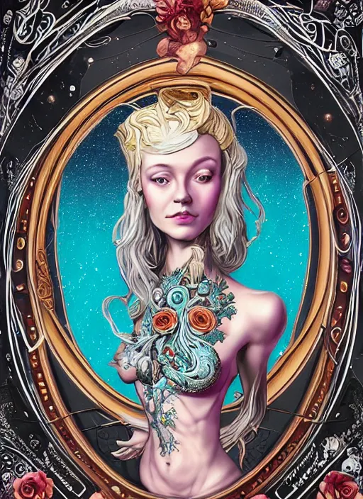 Prompt: blonde girl in a cosmic dress, full-body tattoos, ornate, rococo, grotesque, zbrush art, majestic, organics, silver filigree, colorful, dark fantasy, celtic knot, anatomical, HR, giger style, moebius, frank frazetta, ornate, art nouveau, symmetrical, turquoise jewelry, red smoke, roses, unbiased render, rotten, Emil melmoth, eerie, macabre, haunting,detailed and intricate, floral, faded pink, hypermaximalist, elegant, vintage, hyper realistic, super detailed, pastel colors, 8K, octane render, 8k,