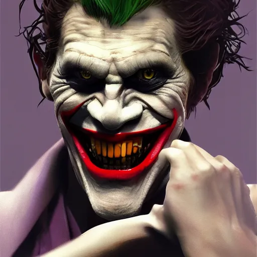 Image similar to willem dafoe as joker, ultra high detailed, oil painting, greg rutkowski, charlie bowater, yuumei, yanjun cheng, unreal 5, daz, hyperrealistic, octane render, rpg portrait, dynamic lighting