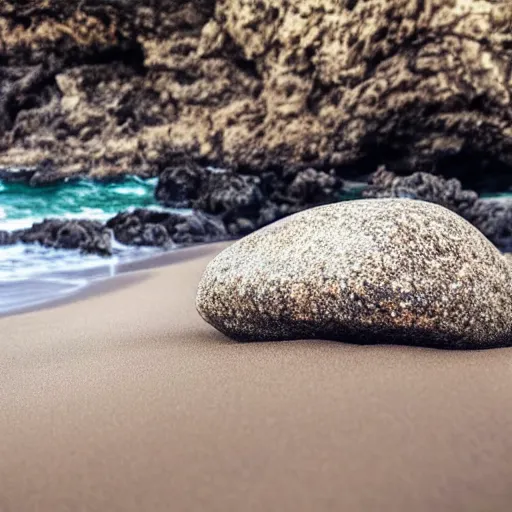 Prompt: a beautiful rock on the beach, lush vegetation